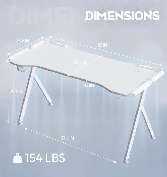 Alt view image 7 of 7 - Dowinx 63 inch Gaming Desk with RGB LED Lights, Racing Style PC Computer Desk Home Office Computer Table Gamer Workstation with Carbon Fiber Surface, Cup Holder and Headset Hook, White 63"