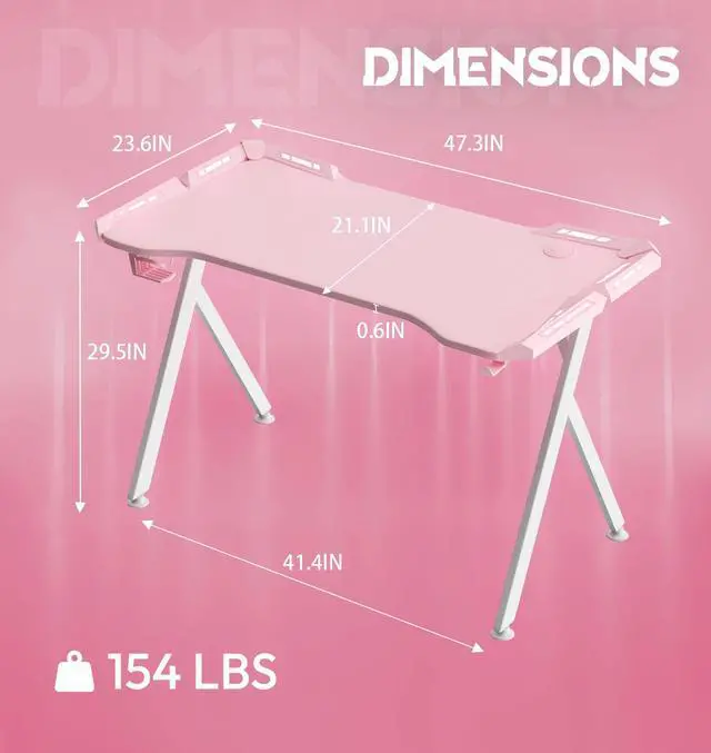 Alt view image 7 of 7 - Dowinx 63 inch Gaming Desk with RGB LED Lights, Racing Style PC Computer Desk Home Office Computer Table Gamer Workstation with Carbon Fiber Surface, Cup Holder and Headset Hook, Pink 47"