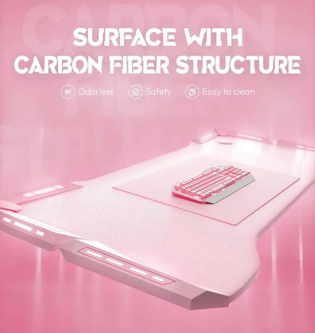 Alt view image 6 of 7 - Dowinx 63 inch Gaming Desk with RGB LED Lights, Racing Style PC Computer Desk Home Office Computer Table Gamer Workstation with Carbon Fiber Surface, Cup Holder and Headset Hook, Pink 47"