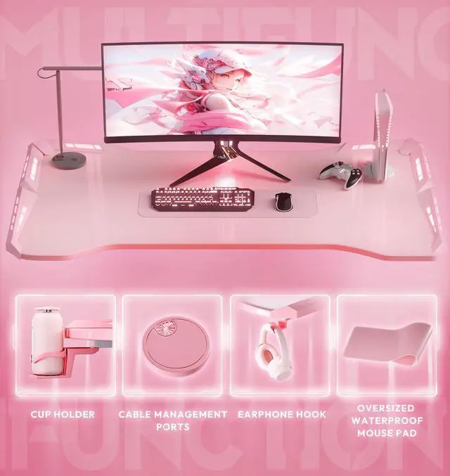 Alt view image 5 of 7 - Dowinx 63 inch Gaming Desk with RGB LED Lights, Racing Style PC Computer Desk Home Office Computer Table Gamer Workstation with Carbon Fiber Surface, Cup Holder and Headset Hook, Pink 47"