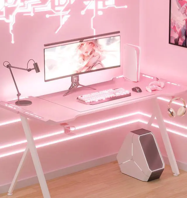 Alt view image 2 of 7 - Dowinx 63 inch Gaming Desk with RGB LED Lights, Racing Style PC Computer Desk Home Office Computer Table Gamer Workstation with Carbon Fiber Surface, Cup Holder and Headset Hook, Pink 47"