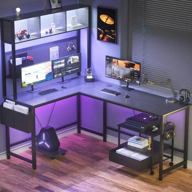 Main image of Dowinx L Shaped Gaming Desk with Led Light and Pegboard 94.5 Inch Computer Corner Desk or 2 Person Long Table with Shelves Monitor Stand and Filing Cabinet for Home Office Grey