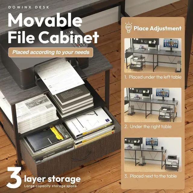 Alt view image 2 of 7 - Dowinx L Shaped Gaming Desk with Led Light and Pegboard 94.5 Inch Computer Corner Desk or 2 Person Long Table with Shelves Monitor Stand and Filing Cabinet for Home Office Grey