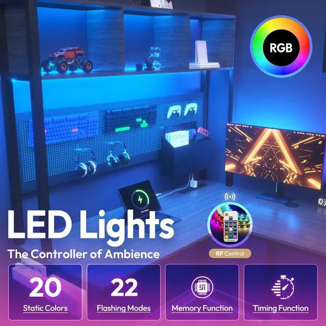 Alt view image 4 of 7 - Dowinx L Shaped Gaming Desk with Led Light and Pegboard 94.5 Inch Computer Corner Desk or 2 Person Long Table with Shelves Monitor Stand and Filing Cabinet for Home Office Grey