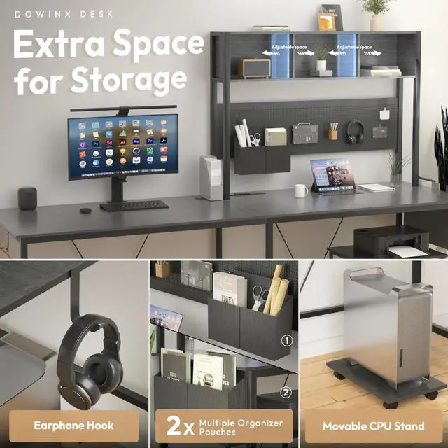 Alt view image 5 of 7 - Dowinx L Shaped Gaming Desk with Led Light and Pegboard 94.5 Inch Computer Corner Desk or 2 Person Long Table with Shelves Monitor Stand and Filing Cabinet for Home Office Grey
