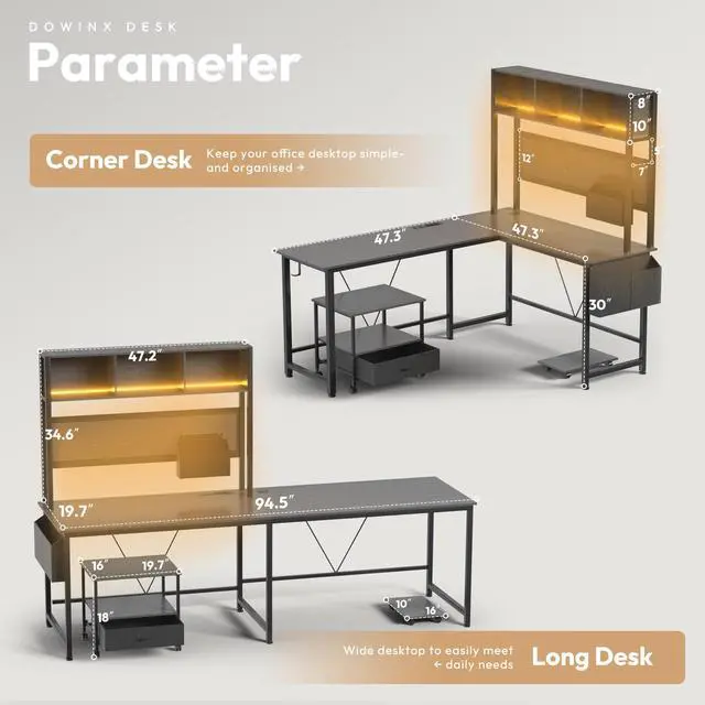 Alt view image 7 of 7 - Dowinx L Shaped Gaming Desk with Led Light and Pegboard 94.5 Inch Computer Corner Desk or 2 Person Long Table with Shelves Monitor Stand and Filing Cabinet for Home Office Grey
