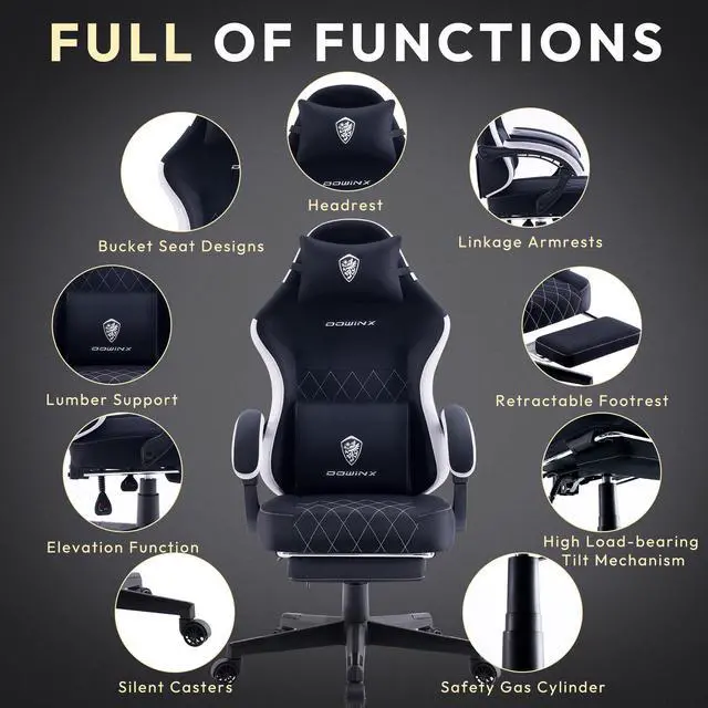 Alt view image 3 of 7 - Dowinx Gaming Chair Fabric with Pocket Spring Cushion, High Back Ergonomic Computer Chair with Footrest and Massage Lumbar Support, Ideal for Office Gaming, Supports Up to 300LBS, Black