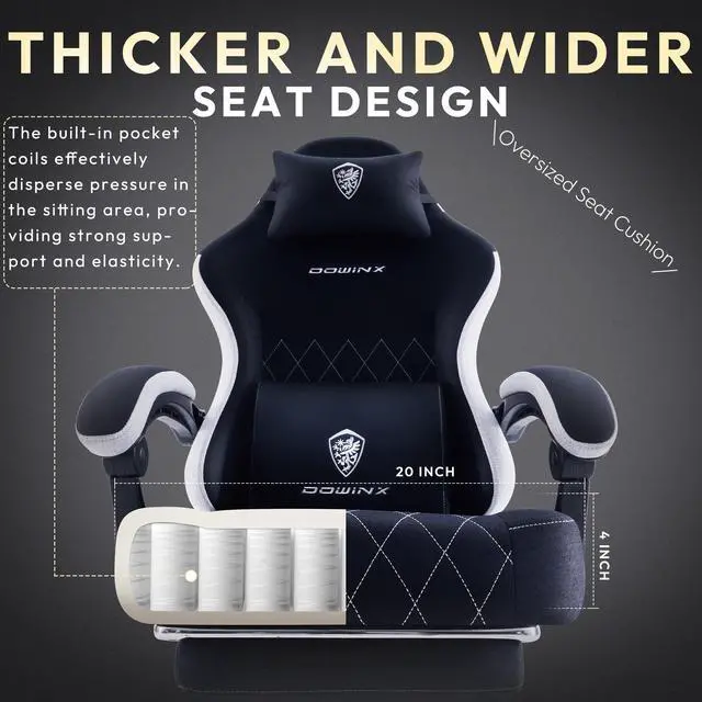 Alt view image 6 of 7 - Dowinx Gaming Chair Fabric with Pocket Spring Cushion, High Back Ergonomic Computer Chair with Footrest and Massage Lumbar Support, Ideal for Office Gaming, Supports Up to 300LBS, Black