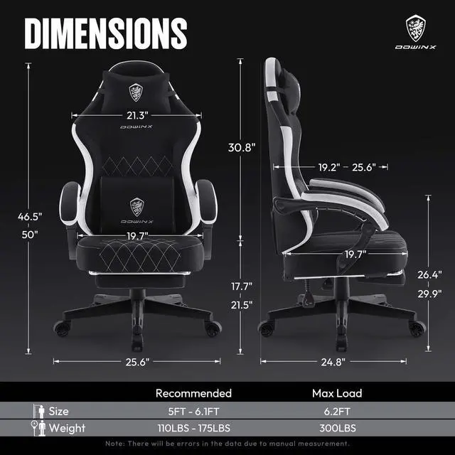 Alt view image 7 of 7 - Dowinx Gaming Chair Fabric with Pocket Spring Cushion, High Back Ergonomic Computer Chair with Footrest and Massage Lumbar Support, Ideal for Office Gaming, Supports Up to 300LBS, Black