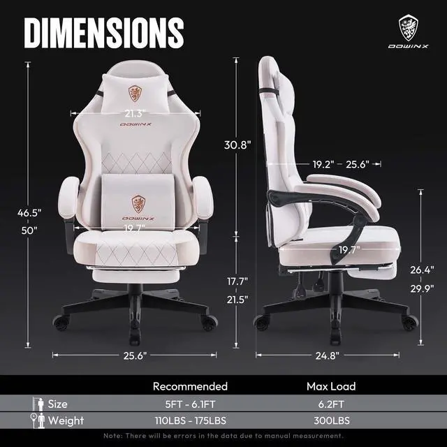 Alt view image 7 of 7 - Dowinx Gaming Chair Fabric with Pocket Spring Cushion, High Back Ergonomic Computer Chair with Footrest and Massage Lumbar Support, Ideal for Office Gaming, Supports Up to 300LBS, Beige