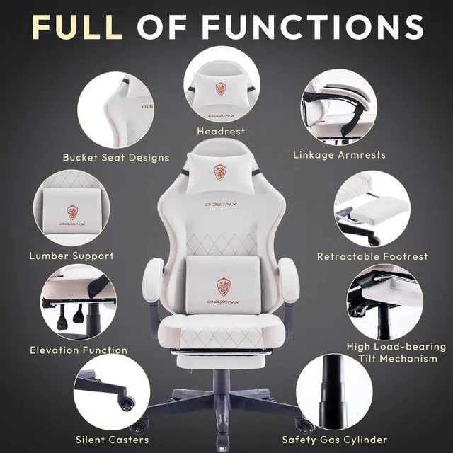 Alt view image 6 of 7 - Dowinx Gaming Chair Fabric with Pocket Spring Cushion, High Back Ergonomic Computer Chair with Footrest and Massage Lumbar Support, Ideal for Office Gaming, Supports Up to 300LBS, Beige
