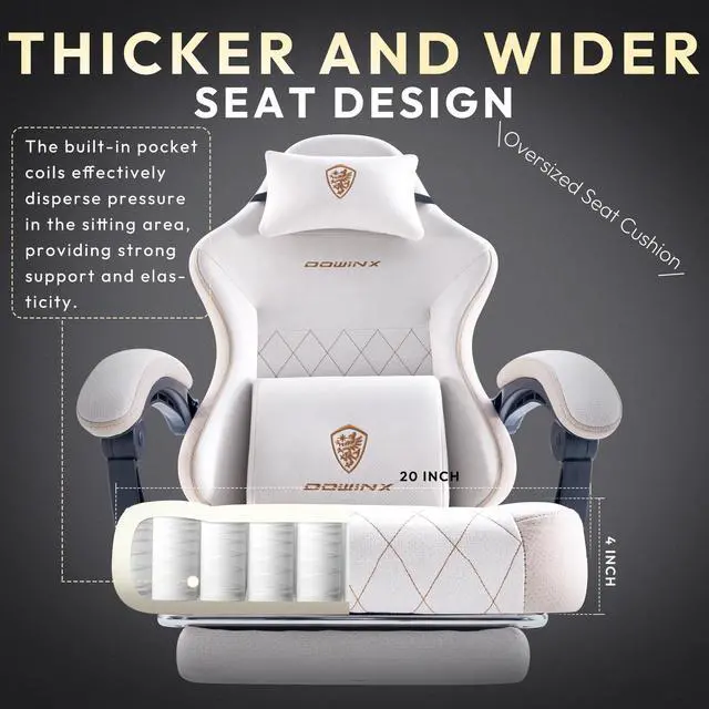 Alt view image 2 of 7 - Dowinx Gaming Chair Fabric with Pocket Spring Cushion, High Back Ergonomic Computer Chair with Footrest and Massage Lumbar Support, Ideal for Office Gaming, Supports Up to 300LBS, Beige