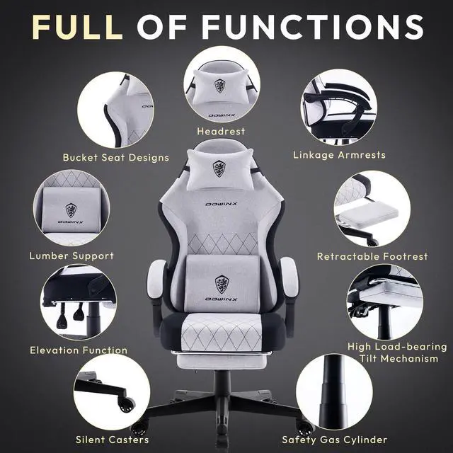 Alt view image 6 of 7 - Dowinx Gaming Chair Fabric with Pocket Spring Cushion, High Back Ergonomic Computer Chair with Footrest and Massage Lumbar Support, Ideal for Office Gaming, Supports Up to 300LBS, Grey