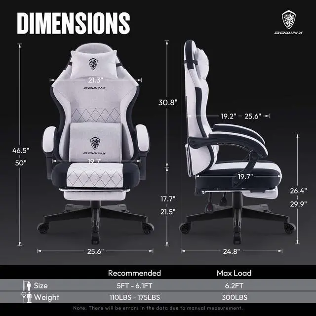 Alt view image 7 of 7 - Dowinx Gaming Chair Fabric with Pocket Spring Cushion, High Back Ergonomic Computer Chair with Footrest and Massage Lumbar Support, Ideal for Office Gaming, Supports Up to 300LBS, Grey