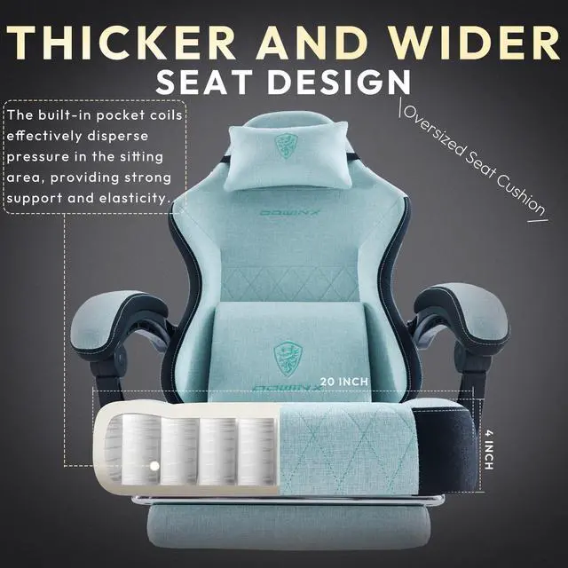Alt view image 2 of 7 - Dowinx Gaming Chair Fabric with Pocket Spring Cushion, High Back Ergonomic Computer Chair with Footrest and Massage Lumbar Support, Ideal for Office Gaming, Supports Up to 300LBS, Blue
