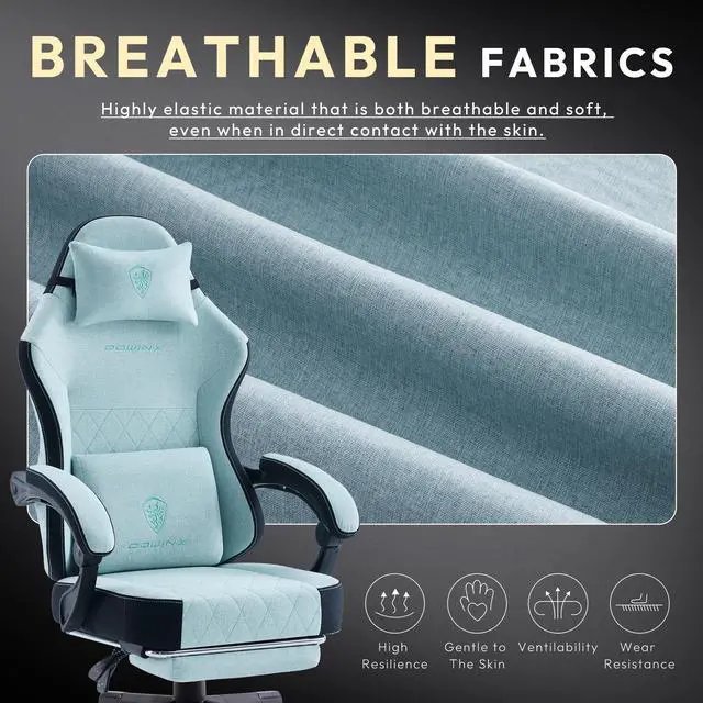Alt view image 3 of 7 - Dowinx Gaming Chair Fabric with Pocket Spring Cushion, High Back Ergonomic Computer Chair with Footrest and Massage Lumbar Support, Ideal for Office Gaming, Supports Up to 300LBS, Blue