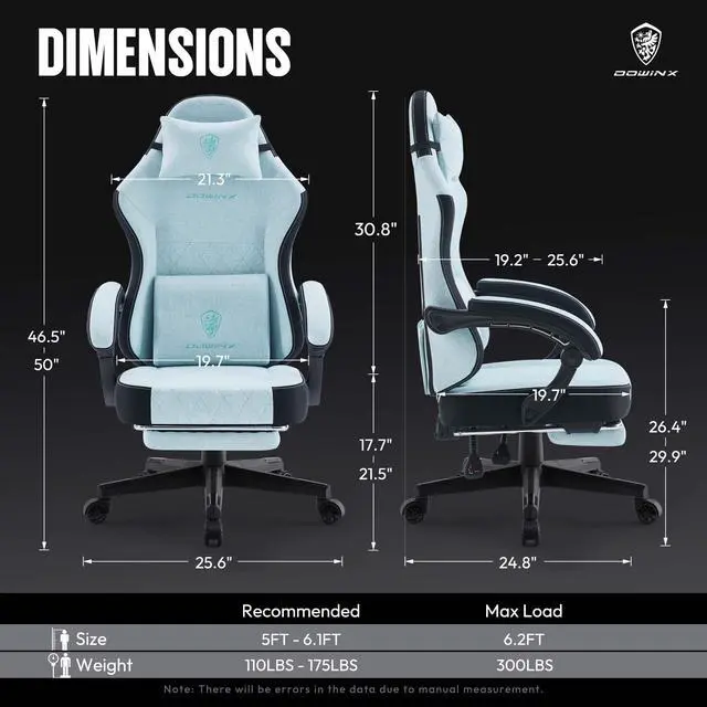 Alt view image 7 of 7 - Dowinx Gaming Chair Fabric with Pocket Spring Cushion, High Back Ergonomic Computer Chair with Footrest and Massage Lumbar Support, Ideal for Office Gaming, Supports Up to 300LBS, Blue