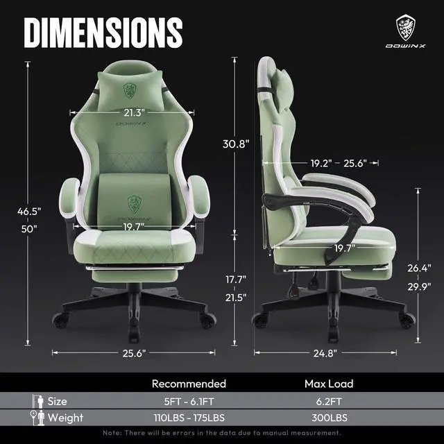 Alt view image 7 of 7 - Dowinx Gaming Chair Fabric with Pocket Spring Cushion, High Back Ergonomic Computer Chair with Footrest and Massage Lumbar Support, Ideal for Office Gaming, Supports Up to 300LBS, Green