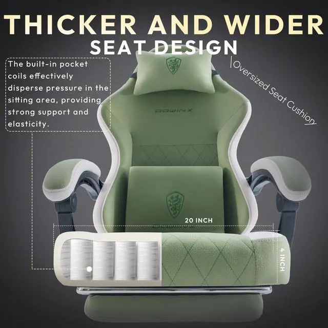Alt view image 2 of 7 - Dowinx Gaming Chair Fabric with Pocket Spring Cushion, High Back Ergonomic Computer Chair with Footrest and Massage Lumbar Support, Ideal for Office Gaming, Supports Up to 300LBS, Green