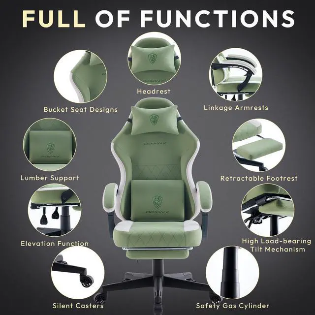 Alt view image 6 of 7 - Dowinx Gaming Chair Fabric with Pocket Spring Cushion, High Back Ergonomic Computer Chair with Footrest and Massage Lumbar Support, Ideal for Office Gaming, Supports Up to 300LBS, Green