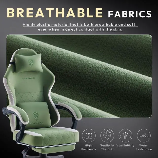 Alt view image 3 of 7 - Dowinx Gaming Chair Fabric with Pocket Spring Cushion, High Back Ergonomic Computer Chair with Footrest and Massage Lumbar Support, Ideal for Office Gaming, Supports Up to 300LBS, Green