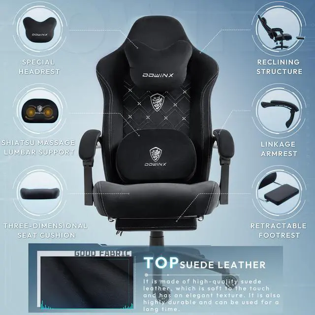 Alt view image 6 of 7 - Dowinx Gaming Chair Fabric with Heated Shiatsu Massage Lumbar, Big and Tall Game Chair Breathable with Footrest and Pocket Spring Cushion, High Back Computer Chair for Adult, Black