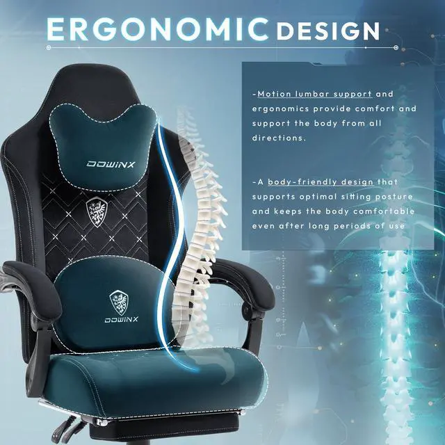 Alt view image 5 of 7 - Dowinx Gaming Chair Fabric with Heated Shiatsu Massage Lumbar, Big and Tall Game Chair Breathable with Footrest and Pocket Spring Cushion, High Back Computer Chair for Adult, Black