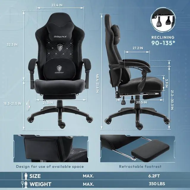 Alt view image 7 of 7 - Dowinx Gaming Chair Fabric with Heated Shiatsu Massage Lumbar, Big and Tall Game Chair Breathable with Footrest and Pocket Spring Cushion, High Back Computer Chair for Adult, Black