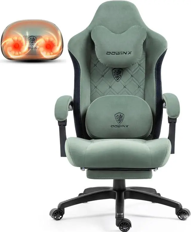 Main image of Dowinx Gaming Chair Fabric with Heated Shiatsu Massage Lumbar, Big and Tall Game Chair Breathable with Footrest and Pocket Spring Cushion, High Back Computer Chair for Adult, Green