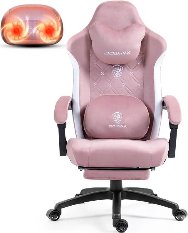Main image of Dowinx Gaming Chair Fabric with Heated Shiatsu Massage Lumbar, Big and Tall Game Chair Breathable with Footrest and Pocket Spring Cushion, High Back Computer Chair for Adult, Pink