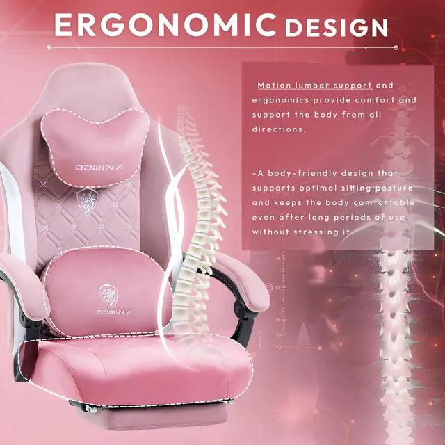 Alt view image 5 of 7 - Dowinx Gaming Chair Fabric with Heated Shiatsu Massage Lumbar, Big and Tall Game Chair Breathable with Footrest and Pocket Spring Cushion, High Back Computer Chair for Adult, Pink