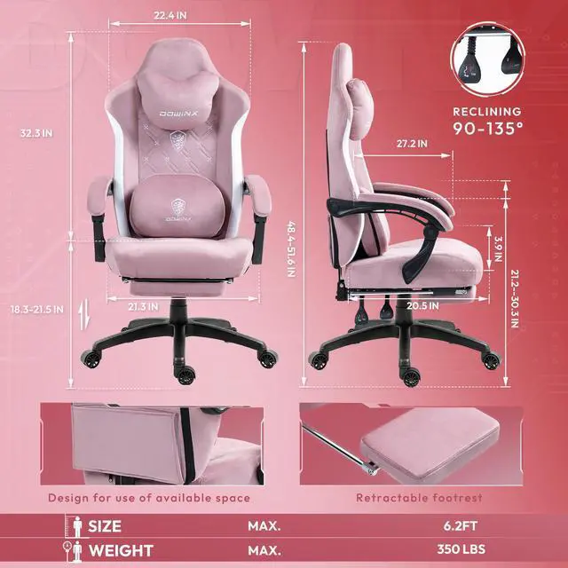 Alt view image 7 of 7 - Dowinx Gaming Chair Fabric with Heated Shiatsu Massage Lumbar, Big and Tall Game Chair Breathable with Footrest and Pocket Spring Cushion, High Back Computer Chair for Adult, Pink