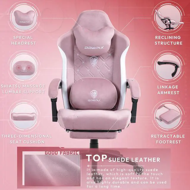 Alt view image 6 of 7 - Dowinx Gaming Chair Fabric with Heated Shiatsu Massage Lumbar, Big and Tall Game Chair Breathable with Footrest and Pocket Spring Cushion, High Back Computer Chair for Adult, Pink