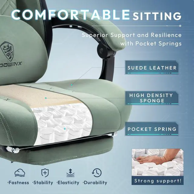 Alt view image 3 of 7 - Dowinx Gaming Chair Fabric with Heated Shiatsu Massage Lumbar, Big and Tall Game Chair Breathable with Footrest and Pocket Spring Cushion, High Back Computer Chair for Adult, Green