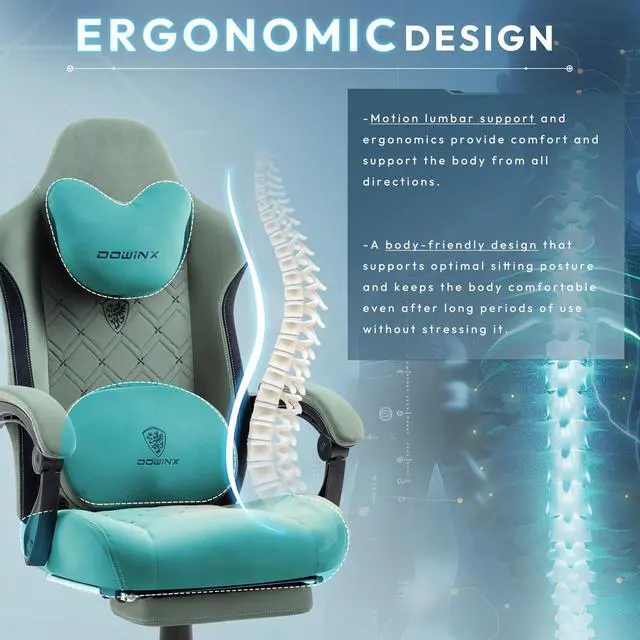 Alt view image 5 of 7 - Dowinx Gaming Chair Fabric with Heated Shiatsu Massage Lumbar, Big and Tall Game Chair Breathable with Footrest and Pocket Spring Cushion, High Back Computer Chair for Adult, Green