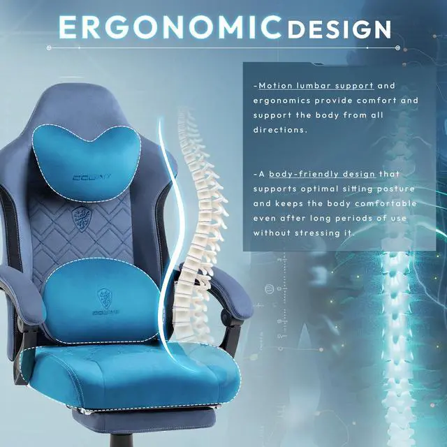 Alt view image 5 of 7 - Dowinx Gaming Chair Fabric with Heated Shiatsu Massage Lumbar, Big and Tall Game Chair Breathable with Footrest and Pocket Spring Cushion, High Back Computer Chair for Adult, Blue