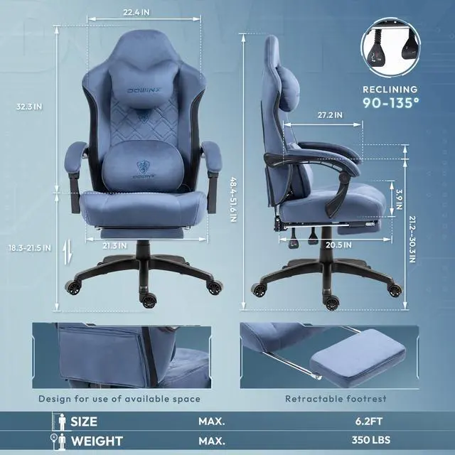 Alt view image 7 of 7 - Dowinx Gaming Chair Fabric with Heated Shiatsu Massage Lumbar, Big and Tall Game Chair Breathable with Footrest and Pocket Spring Cushion, High Back Computer Chair for Adult, Blue
