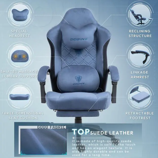 Alt view image 6 of 7 - Dowinx Gaming Chair Fabric with Heated Shiatsu Massage Lumbar, Big and Tall Game Chair Breathable with Footrest and Pocket Spring Cushion, High Back Computer Chair for Adult, Blue