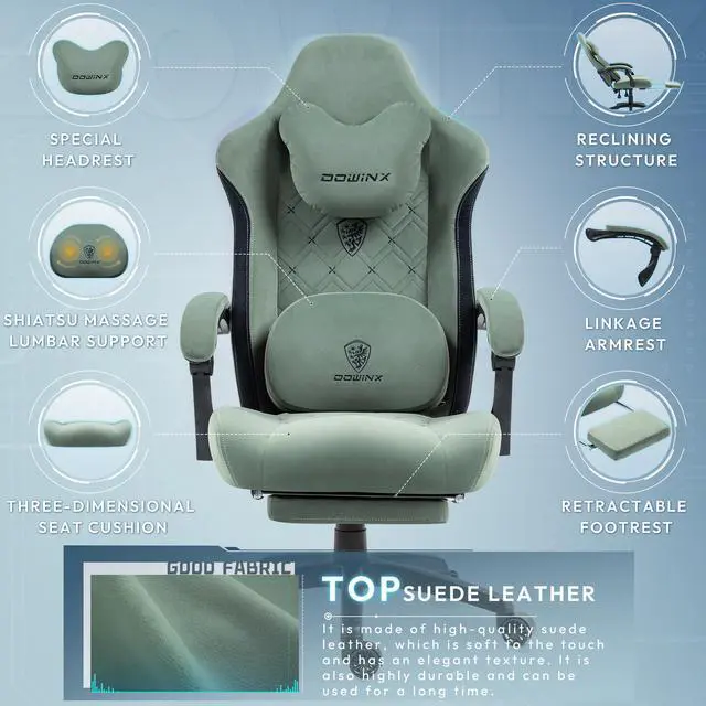 Alt view image 6 of 7 - Dowinx Gaming Chair Fabric with Heated Shiatsu Massage Lumbar, Big and Tall Game Chair Breathable with Footrest and Pocket Spring Cushion, High Back Computer Chair for Adult, Green