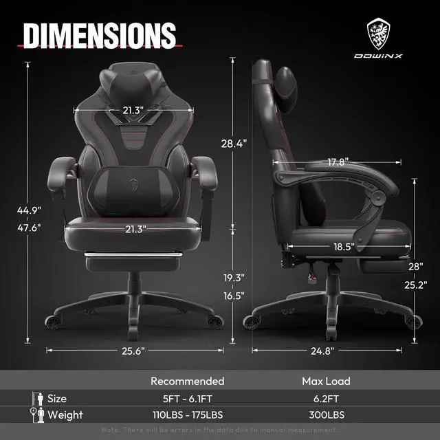Alt view image 6 of 7 - Dowinx Gaming Chair with Footrest, Ergonomic Massage Game Chair for Adults, Heavy-Duty PC Computer Chair with Massage Lumbar Support, Adjustable Recline and Storage Pouch For Home Office, Black