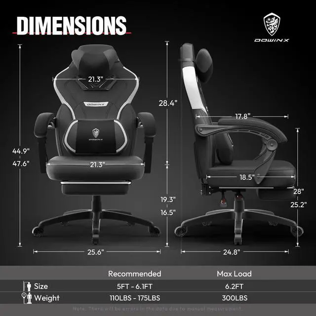 Alt view image 6 of 7 - Dowinx Gaming Chair with Footrest, Ergonomic Game Chair for Adults, Heavy-Duty Computer Chair, Massage Lumbar Support, Adjustable Recline and Storage Pouch For Home Office, Black Fabric