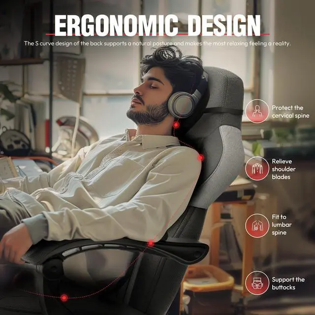 Alt view image 4 of 7 - Dowinx Gaming Chair with Footrest, Ergonomic Game Chair for Adults, Heavy-Duty Computer Chair, Massage Lumbar Support, Adjustable Recline and Storage Pouch For Home Office, Black Fabric