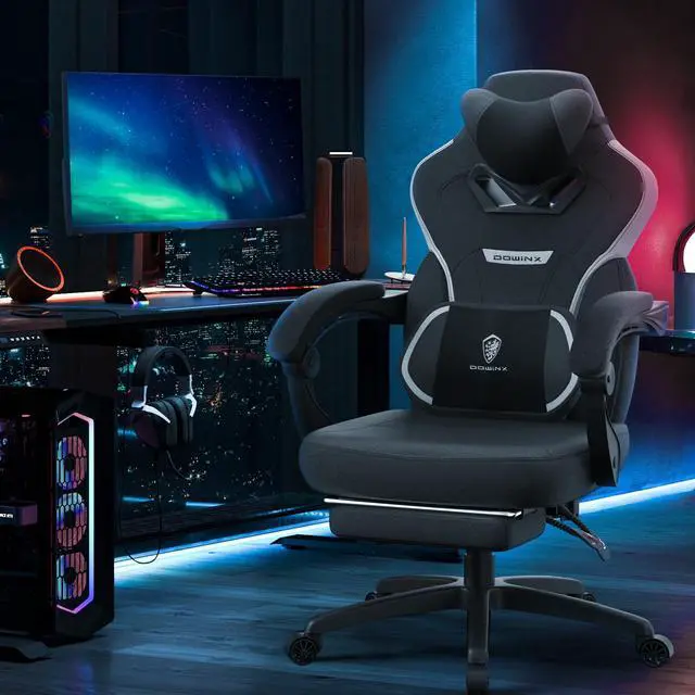 Alt view image 7 of 7 - Dowinx Gaming Chair with Footrest, Ergonomic Game Chair for Adults, Heavy-Duty Computer Chair, Massage Lumbar Support, Adjustable Recline and Storage Pouch For Home Office, Black Fabric