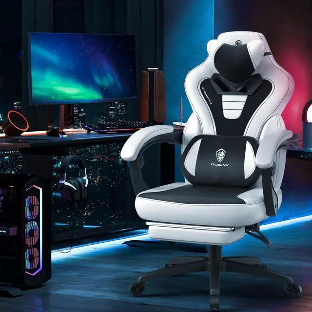 Alt view image 7 of 7 - Dowinx Gaming Chair with Footrest, Ergonomic Massage Game Chair for Adults, Heavy-Duty PC Computer Chair with Massage Lumbar Support, Adjustable Recline and Storage Pouch For Home Office, Grey Leather