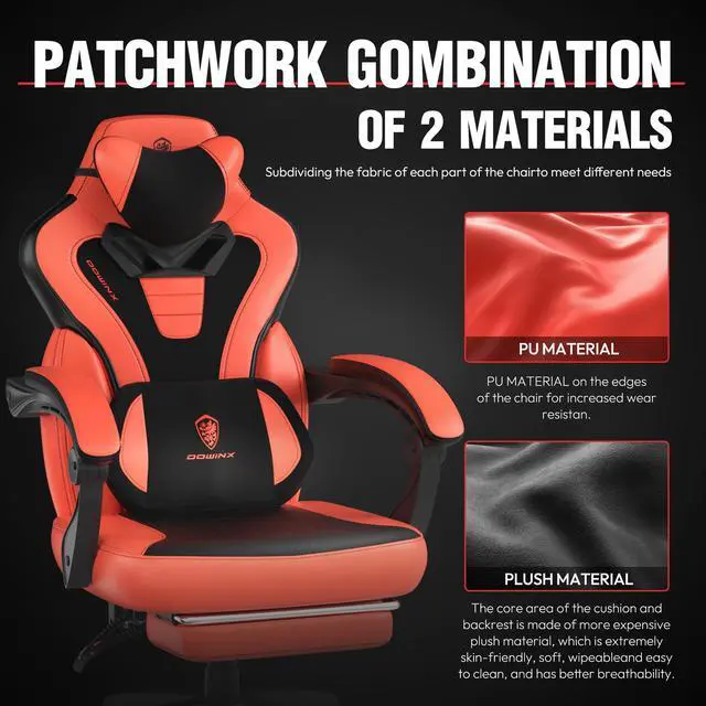 Alt view image 3 of 7 - Dowinx Gaming Chair with Footrest, Ergonomic Game Chair for Adults, Heavy-Duty Computer Chair, Massage Lumbar Support, Adjustable Recline and Storage Pouch For Home Office, Red Leather