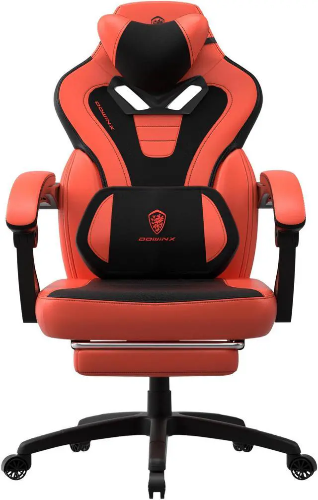Main image of Dowinx Gaming Chair with Footrest, Ergonomic Game Chair for Adults, Heavy-Duty Computer Chair, Massage Lumbar Support, Adjustable Recline and Storage Pouch For Home Office, Red Leather