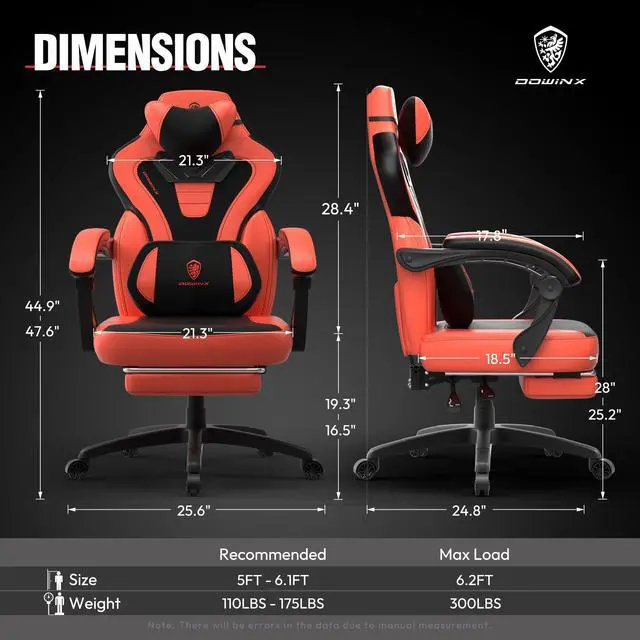 Alt view image 6 of 7 - Dowinx Gaming Chair with Footrest, Ergonomic Game Chair for Adults, Heavy-Duty Computer Chair, Massage Lumbar Support, Adjustable Recline and Storage Pouch For Home Office, Red Leather