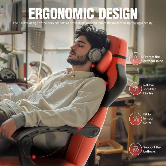 Alt view image 4 of 7 - Dowinx Gaming Chair with Footrest, Ergonomic Game Chair for Adults, Heavy-Duty Computer Chair, Massage Lumbar Support, Adjustable Recline and Storage Pouch For Home Office, Red Leather