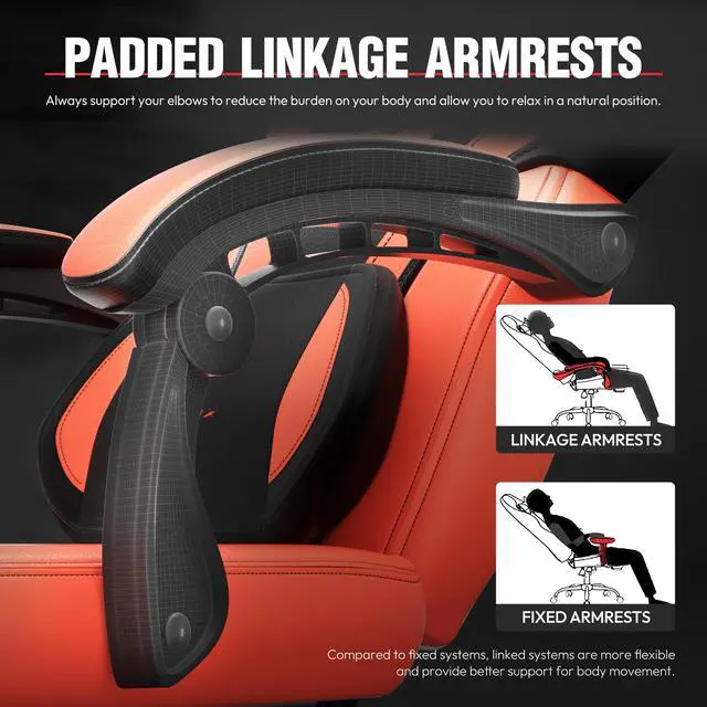 Alt view image 5 of 7 - Dowinx Gaming Chair with Footrest, Ergonomic Game Chair for Adults, Heavy-Duty Computer Chair, Massage Lumbar Support, Adjustable Recline and Storage Pouch For Home Office, Red Leather