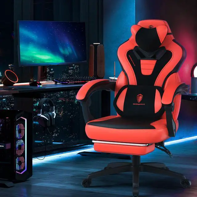Alt view image 7 of 7 - Dowinx Gaming Chair with Footrest, Ergonomic Game Chair for Adults, Heavy-Duty Computer Chair, Massage Lumbar Support, Adjustable Recline and Storage Pouch For Home Office, Red Leather